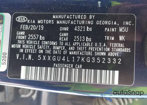 2019 Kia Optima Ex из США, поврежденный, VIN 5XXGU4L17KG352332